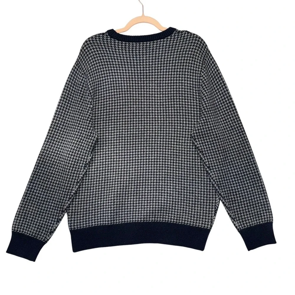 J.Crew Mens Houndstooth Crewneck Sweater Navy Blue Gray Lambswool Blend Size M